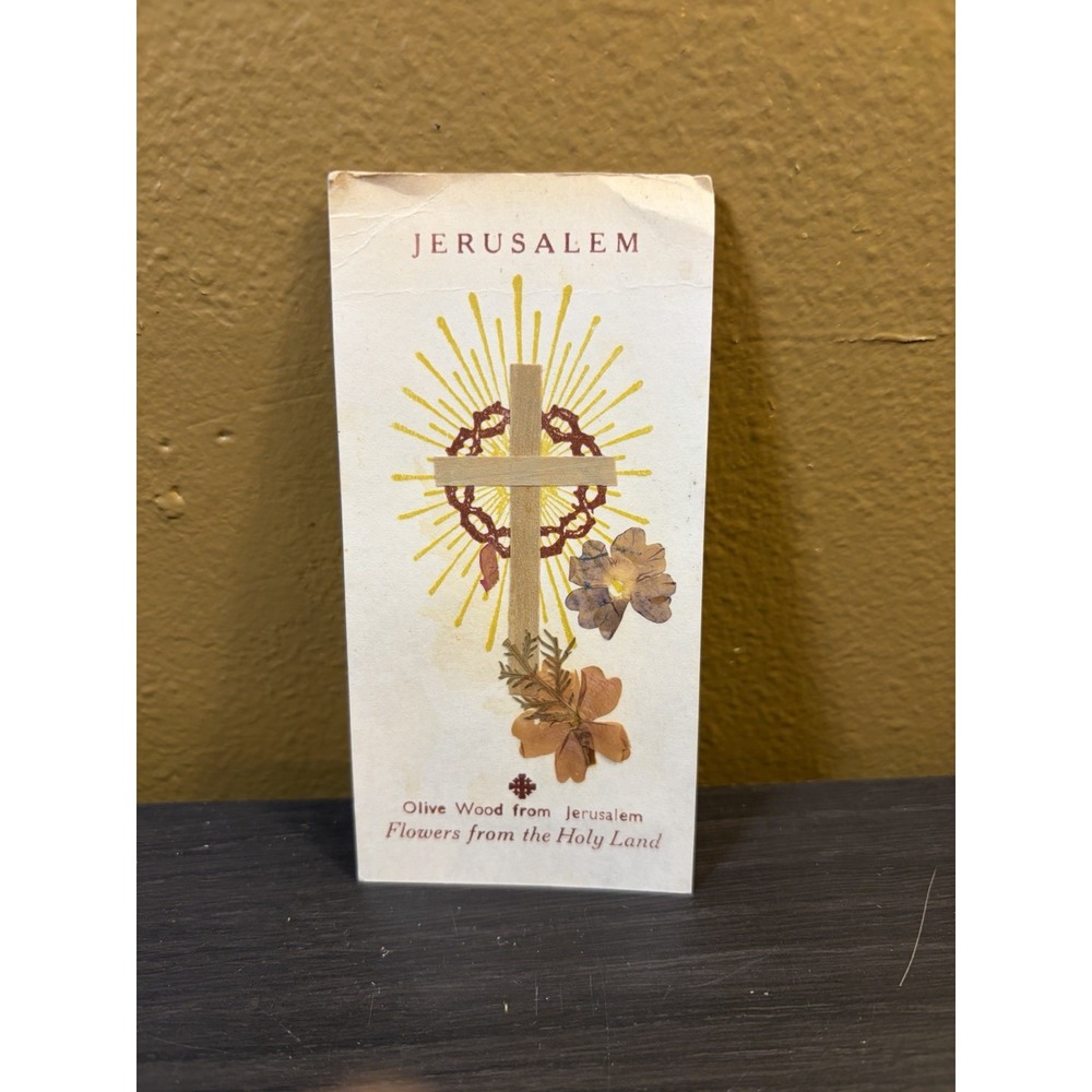 Vintage Jerusalem Olive Wood Holy Land Cross Pressed Flower Devotional Card